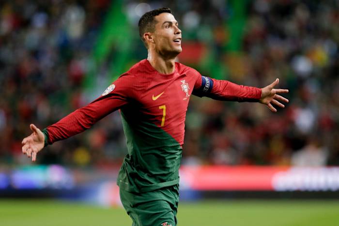 Cristiano Ronaldo pictured celebrating after scoring for Portugal against Liechtenstein in March 2023